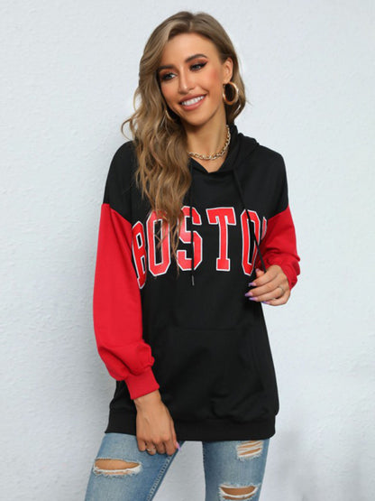 Hoodies- Sporty Color Block Drop Shoulder BOSTON Print Hoodie Sweatshirt- Black- Pekosa Women Clothing