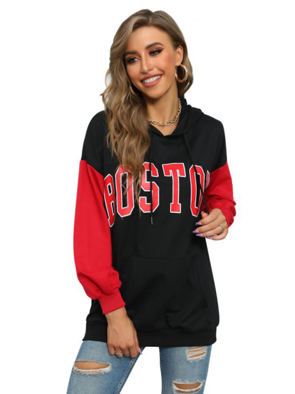 Hoodies- Sporty Color Block Drop Shoulder BOSTON Print Hoodie Sweatshirt- - Pekosa Women Clothing