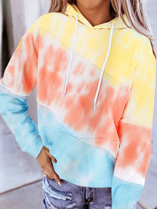 Hoodies- Tie Dye Hoodie - Cotton Blend, Kangaroo Pocket Sweatshirt- Sky blue azure- Pekosa Women Clothing