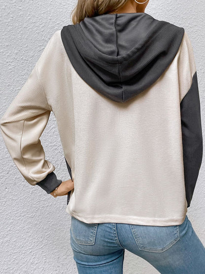 Hoodies- Trendy Women's Hoodie - Colorblock & Half Button Sweatshirt- - Pekosa Women Clothing