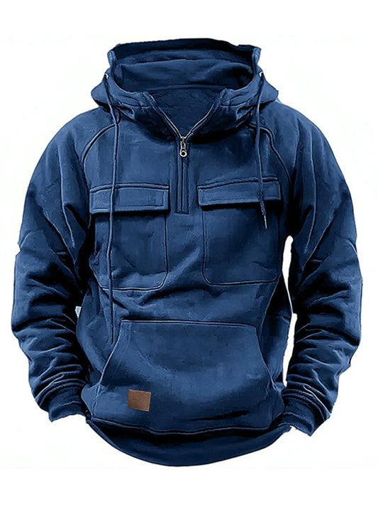 Hoodies- Utility Cotton Blend Hooded Sweatshirt | Multipocket Zip-Up Hoodie for Men- Blue- Pekosa Women Clothing