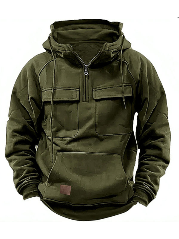 Hoodies- Utility Cotton Blend Hooded Sweatshirt | Multipocket Zip-Up Hoodie for Men- Green- Pekosa Women Clothing