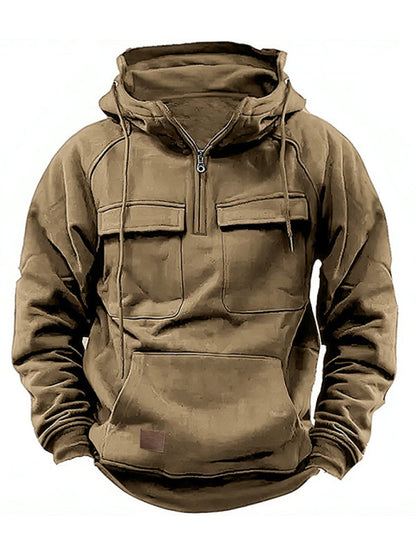 Hoodies- Utility Cotton Blend Hooded Sweatshirt | Multipocket Zip-Up Hoodie for Men- Khaki- Pekosa Women Clothing