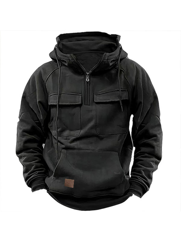 Hoodies- Utility Cotton Blend Hooded Sweatshirt | Multipocket Zip-Up Hoodie for Men- Black- Pekosa Women Clothing