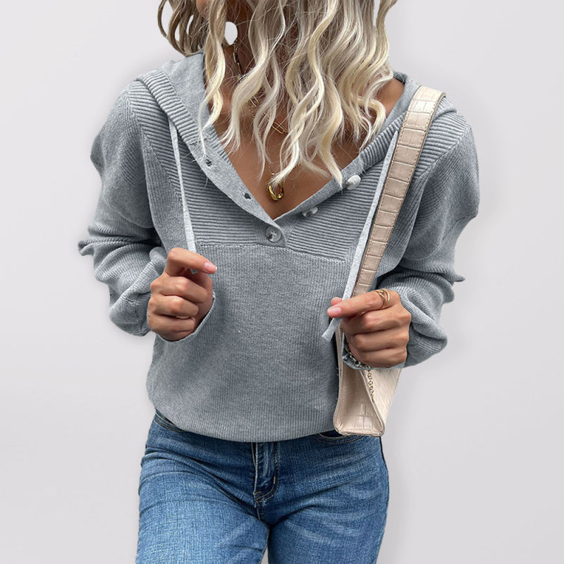 Hoodies- Waffle Knitted Drop shoulder Sweater Hoodie- Grey- Pekosa Women Clothing