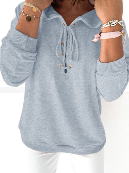 Hoodies- Women Sporty Hooded Pullover - Lace-Up Sweatshirt in Solid Hues- - Pekosa Women Clothing