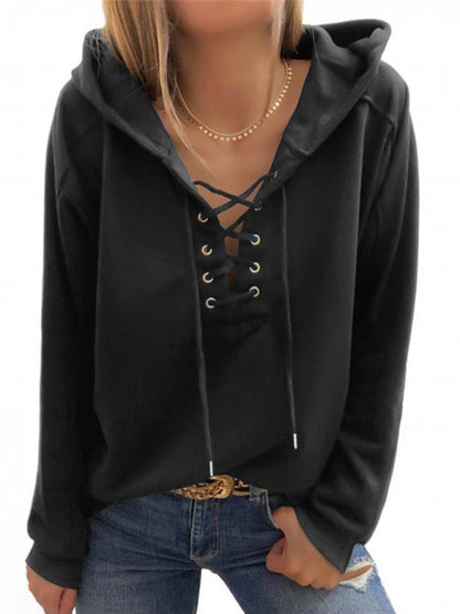 Hoodies- Women Sporty Hooded Pullover - Lace-Up Sweatshirt in Solid Hues- Black- Pekosa Women Clothing