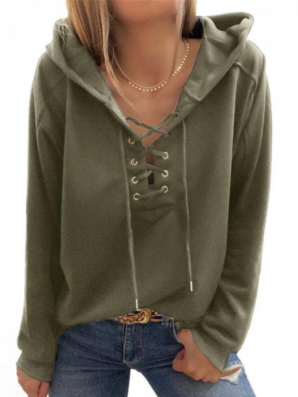 Hoodies- Women Sporty Hooded Pullover - Lace-Up Sweatshirt in Solid Hues- - Pekosa Women Clothing