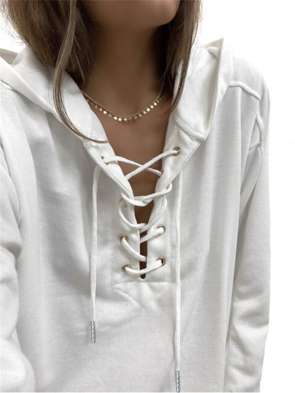 Hoodies- Women Sporty Hooded Pullover - Lace-Up Sweatshirt in Solid Hues- - Pekosa Women Clothing