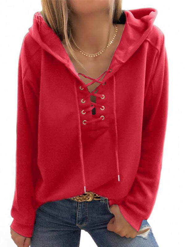 Hoodies- Women Sporty Hooded Pullover - Lace-Up Sweatshirt in Solid Hues- - Pekosa Women Clothing