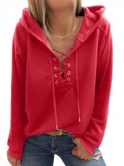 Hoodies- Women Sporty Hooded Pullover - Lace-Up Sweatshirt in Solid Hues- - Pekosa Women Clothing