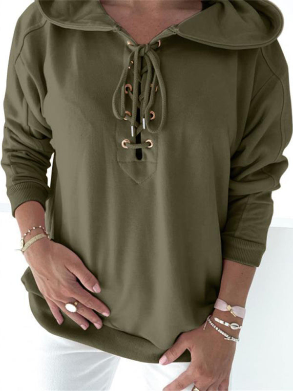 Hoodies- Women Sporty Hooded Pullover - Lace-Up Sweatshirt in Solid Hues- - Pekosa Women Clothing