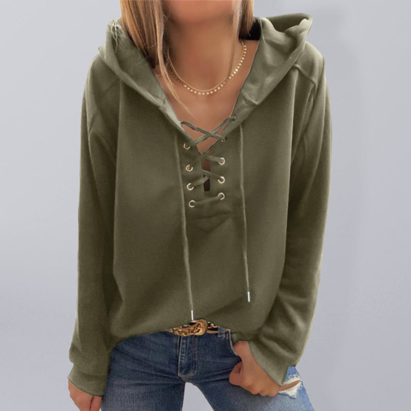 Hoodies- Women Sporty Hooded Pullover - Lace-Up Sweatshirt in Solid Hues- Olive green- Pekosa Women Clothing