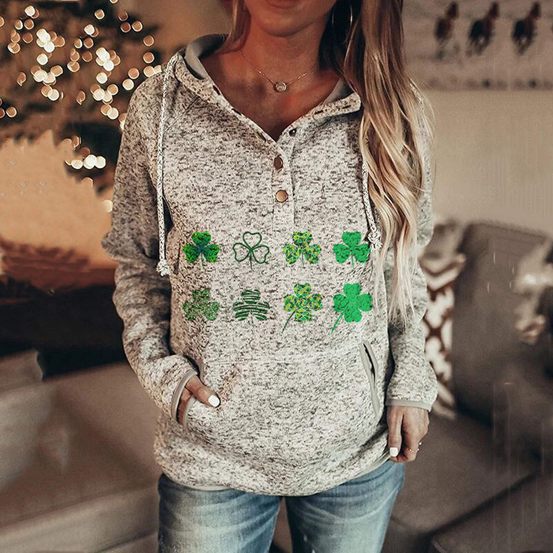 Hoodies- Women's St. Patrick's Day Hooded Sweatshirt with Four-Leaf Clover Print- Pattern3- Pekosa Women Clothing