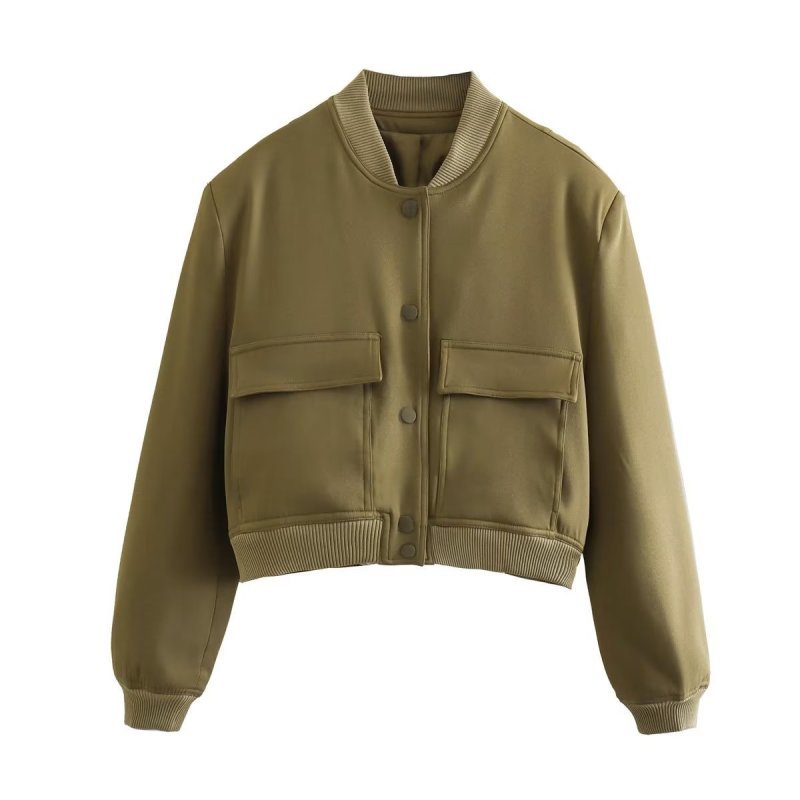 Jackets- Aviator Bomber Jacket: Women's Sport Flap Pockets Cropped Blazer- Green- Pekosa Women Clothing