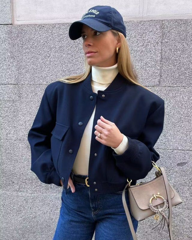 Jackets- Aviator Bomber Jacket: Women's Sport Flap Pockets Cropped Blazer- Blue navy- Pekosa Women Clothing