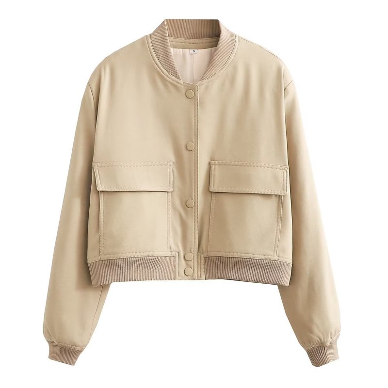 Jackets- Aviator Bomber Jacket: Women's Sport Flap Pockets Cropped Blazer- Beige- Pekosa Women Clothing