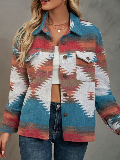 Jackets- Aztec Print Wool Cotton Shirt Jacket - Shacket- Blue- Pekosa Women Clothing