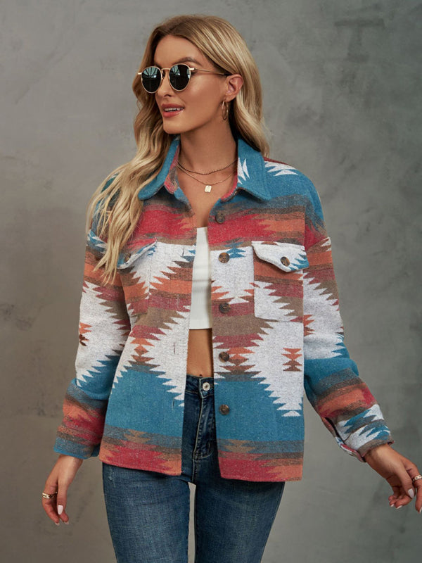 Jackets- Aztec Print Wool Cotton Shirt Jacket - Shacket- - Pekosa Women Clothing