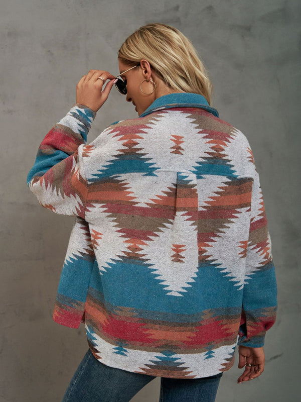 Jackets- Aztec Print Wool Cotton Shirt Jacket - Shacket- - Pekosa Women Clothing