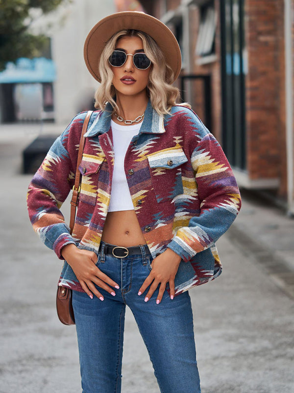 Jackets- Aztec Print Wool Cotton Shirt Jacket - Shacket- - Pekosa Women Clothing