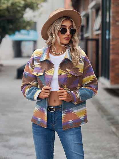 Jackets- Aztec Print Wool Cotton Shirt Jacket - Shacket- - Pekosa Women Clothing