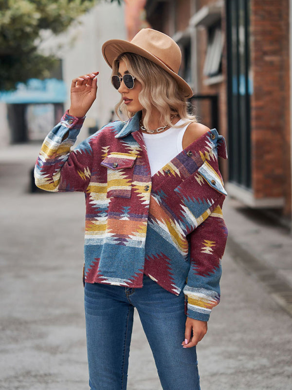 Jackets- Aztec Print Wool Cotton Shirt Jacket - Shacket- - Pekosa Women Clothing