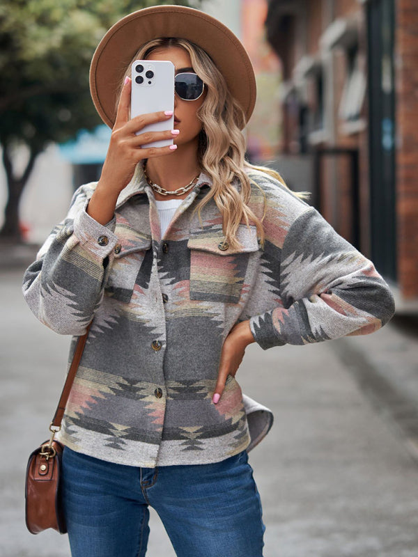 Jackets- Aztec Print Wool Cotton Shirt Jacket - Shacket- - Pekosa Women Clothing