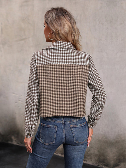 Jackets- Brown Houndstooth Plaid Crop Shirt Jacket- - Pekosa Women Clothing