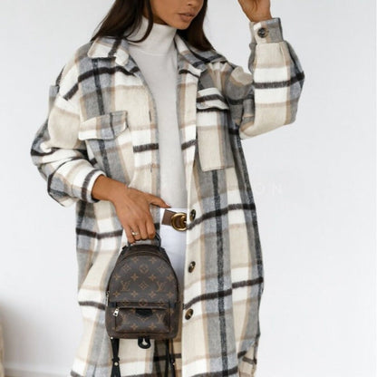 Jackets- Checked Shirt Long Jacket - Checked Coat- - Pekosa Women Clothing