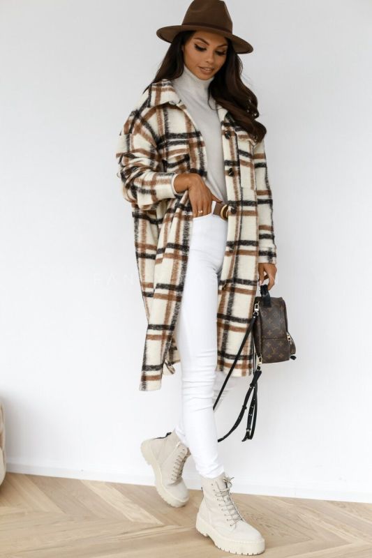 Jackets- Checked Shirt Long Jacket - Checked Coat- - Pekosa Women Clothing