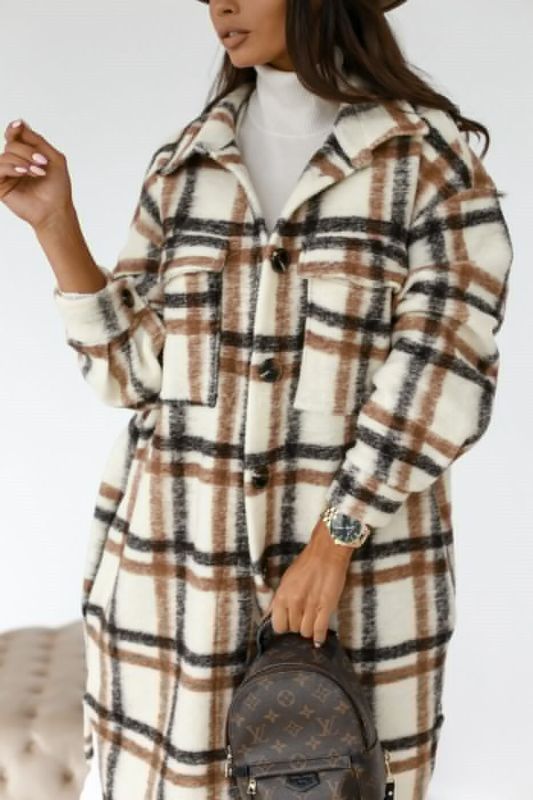 Jackets- Checked Shirt Long Jacket - Checked Coat- - Pekosa Women Clothing