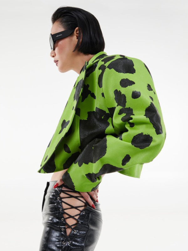 Jackets- Cow Print Lapel Crop Faux-Leather Biker Jacket- - Pekosa Women Clothing