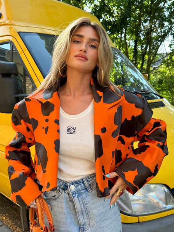 Jackets- Cow Print Lapel Crop Faux-Leather Biker Jacket- Orange- Pekosa Women Clothing