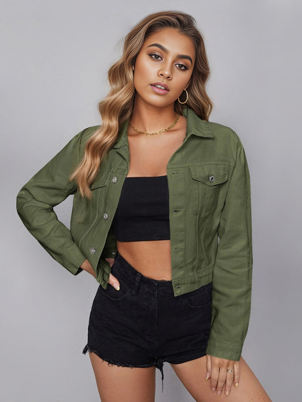 Jackets- Denim Crop Jacket in Cotton- Olive green- Pekosa Women Clothing