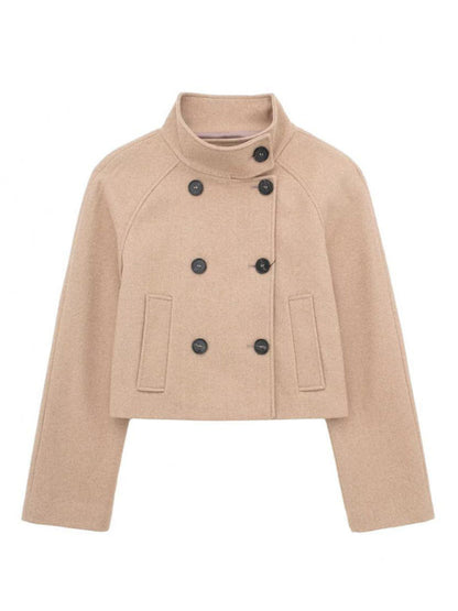 Jackets- Double Breasted Woolen Jacket | Stand Collar Crop Peacoat- - Pekosa Women Clothing