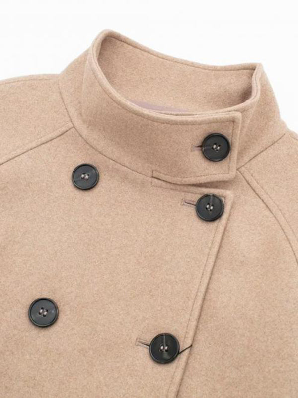 Jackets- Double Breasted Woolen Jacket | Stand Collar Crop Peacoat- - Pekosa Women Clothing