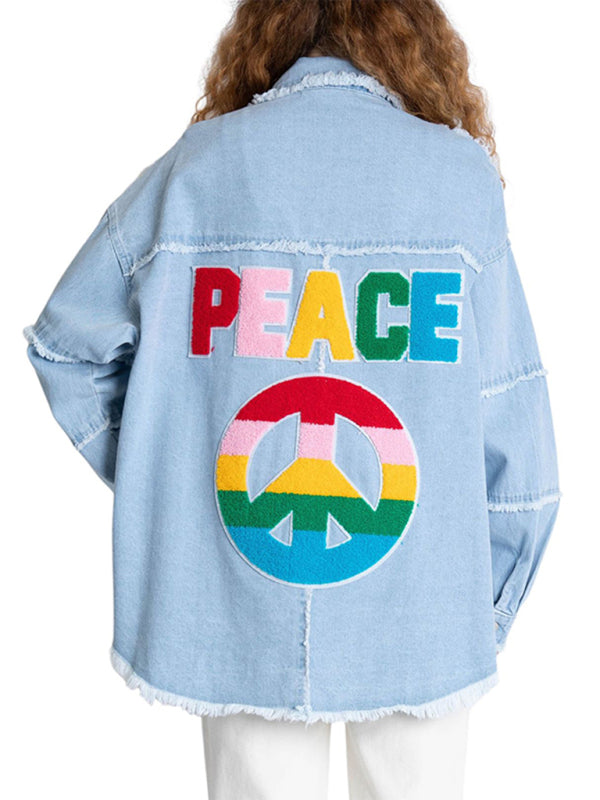 Jackets- Express Peace Theme Rainbow Shacket | Distressed Patchwork Denim Shirt Jacket- - Pekosa Women Clothing