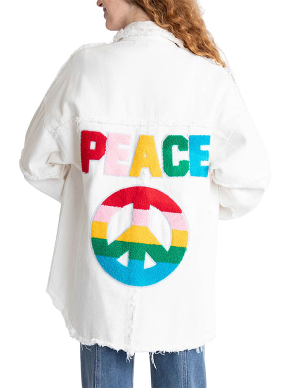 Jackets- Express Peace Theme Rainbow Shacket | Distressed Patchwork Denim Shirt Jacket- - Pekosa Women Clothing