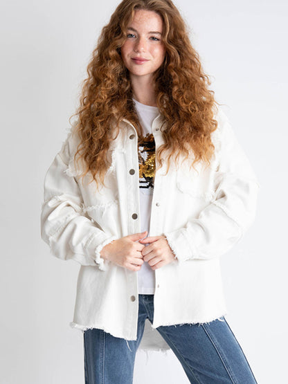 Jackets- Express Peace Theme Rainbow Shacket | Distressed Patchwork Denim Shirt Jacket- White- Pekosa Women Clothing