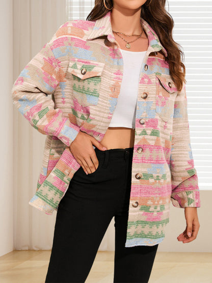 Jackets- Fall Aztec Print Mid-Length Shirt Jacket- Pattern- Pekosa Women Clothing