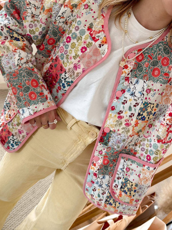 Jackets- Floral Print Lightweight Button-Up Quilted Jacket- - Pekosa Women Clothing