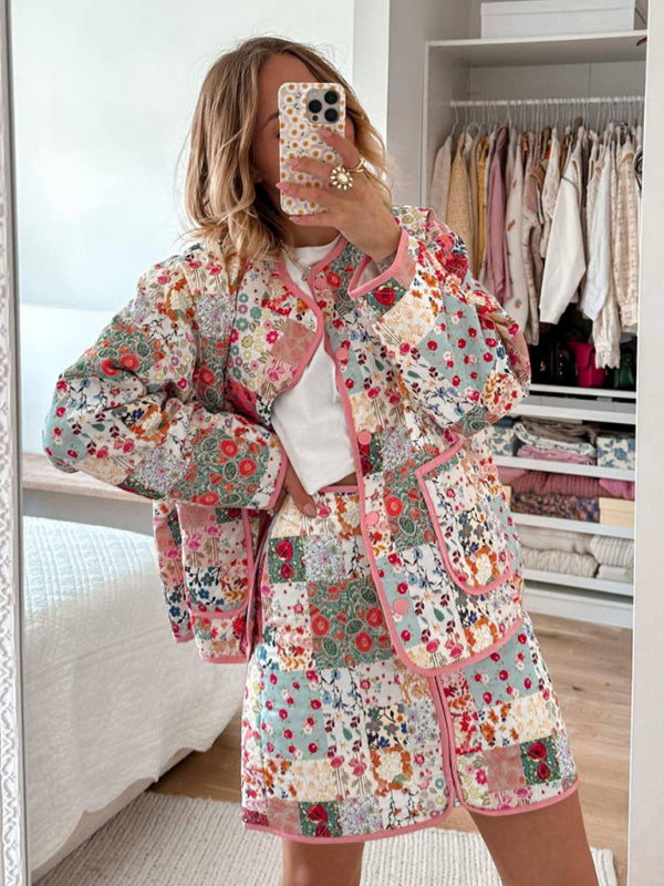 Jackets- Floral Print Lightweight Button-Up Quilted Jacket- - Pekosa Women Clothing