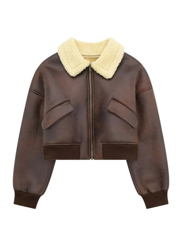 Jackets- Full Faux Fur Lined Flight Biker Jacket | Faux Leather Aviator- Coffee- Pekosa Women Clothing