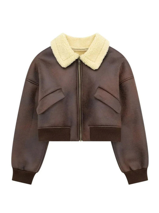 Jackets- Full Faux Fur Lined Flight Biker Jacket | Faux Leather Aviator- Coffee- Pekosa Women Clothing