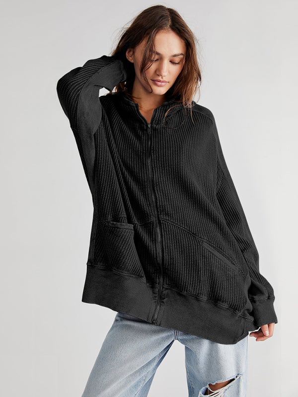 Jackets Hoodies- Waffle Zip-up Jacket - Oversized Hoodie- Black- Pekosa Women Clothing