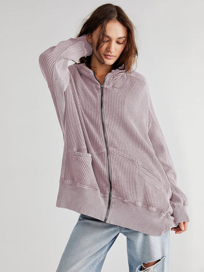 Jackets Hoodies- Waffle Zip-up Jacket - Oversized Hoodie- Pink- Pekosa Women Clothing