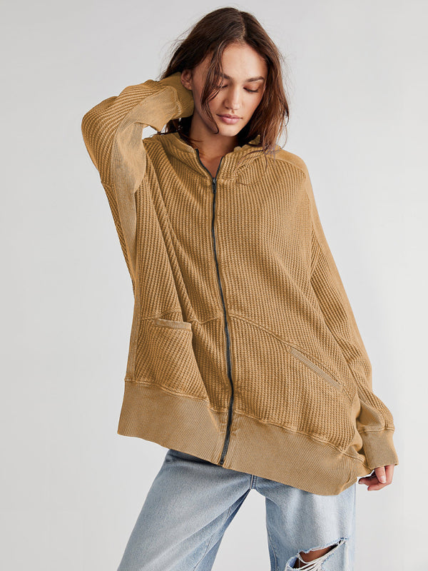 Jackets Hoodies- Waffle Zip-up Jacket - Oversized Hoodie- Yellow- Pekosa Women Clothing