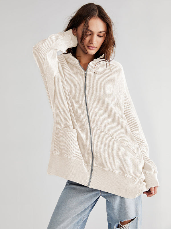 Jackets Hoodies- Waffle Zip-up Jacket - Oversized Hoodie- White- Pekosa Women Clothing