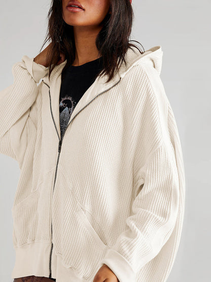 Jackets Hoodies- Waffle Zip-up Jacket - Oversized Hoodie- - Pekosa Women Clothing